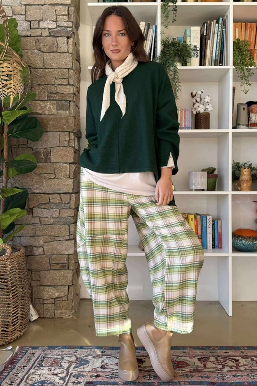 Agnes Plaid Brushed Cotton Barrel Pant Green